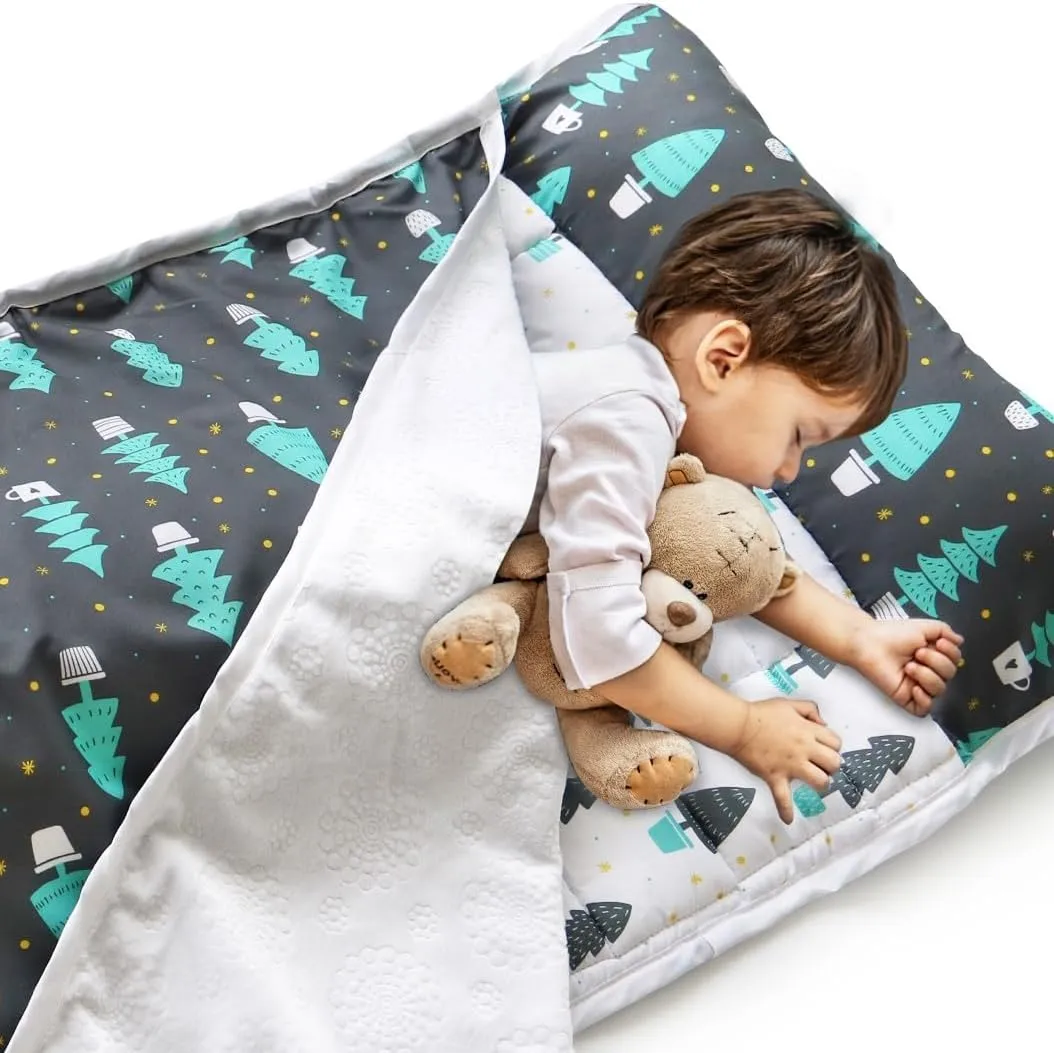 Toddler Nap Mat for Boys with Removeble Pillow and Fleece Minky Blanket, Warm & Skin-Friendly, Lightweight Kids Nap Mats Perfect for Preschool Daycare, Travel Sleeping Bag, Fit Standard Cot, Dark Woods