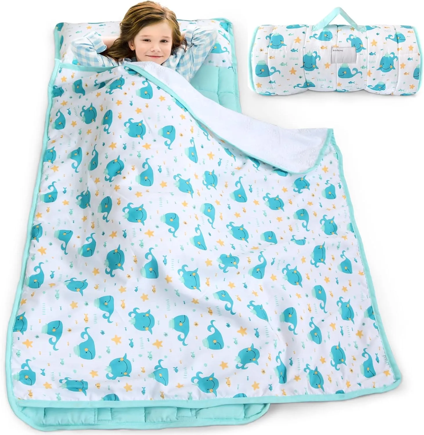 Toddler Nap Mat with Pillow and Blanket, Blue Lightweight Kids Nap Mats for Preschool Daycare, Travel Sleeping Bag for Boys Girls, 50" x 21" Fit Standard Cot, Super Soft and Cozy, Blue Whale