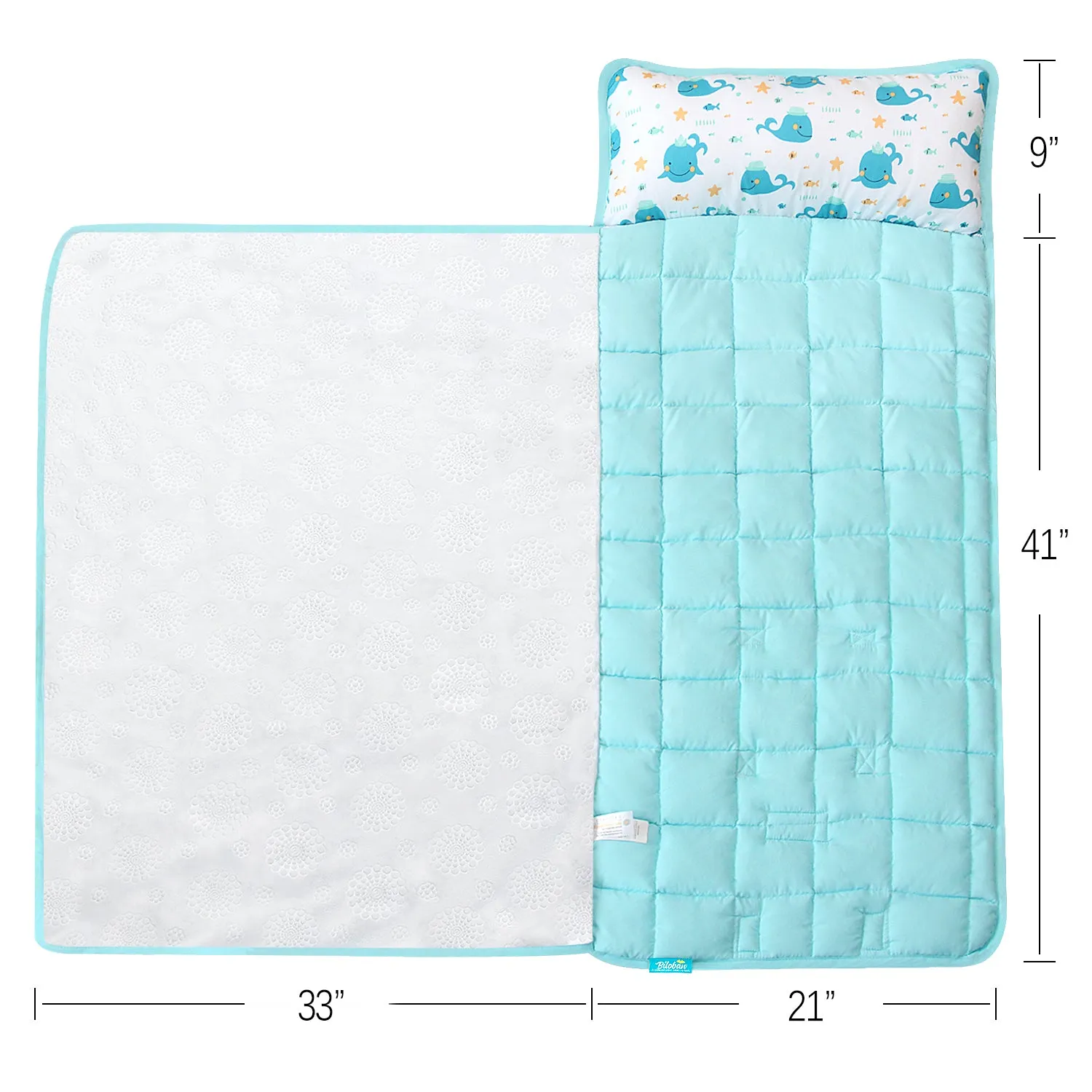 Toddler Nap Mat with Pillow and Blanket, Blue Lightweight Kids Nap Mats for Preschool Daycare, Travel Sleeping Bag for Boys Girls, 50" x 21" Fit Standard Cot, Super Soft and Cozy, Blue Whale