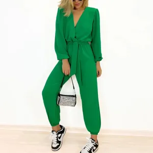 V neck tie high waist jumpsuit