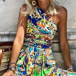 Versatile one-shoulder sleeveless printed dress