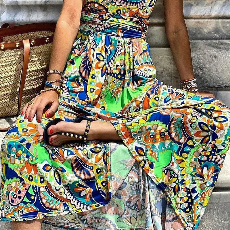 Versatile one-shoulder sleeveless printed dress