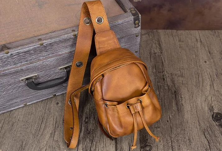 Vintage Womens Brown Leather Chest Sling Bag Cross Shoulder Bag For Women