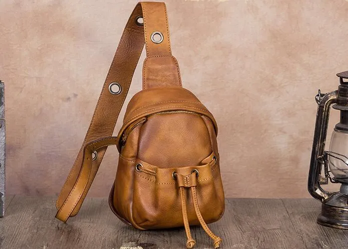 Vintage Womens Brown Leather Chest Sling Bag Cross Shoulder Bag For Women