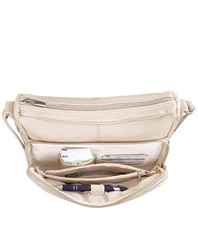 Women's genuine leather cross body shoulder strap organizer purse, cream