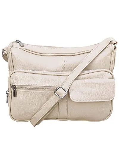 Women's genuine leather cross body shoulder strap organizer purse, cream