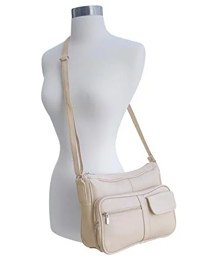 Women's genuine leather cross body shoulder strap organizer purse, cream