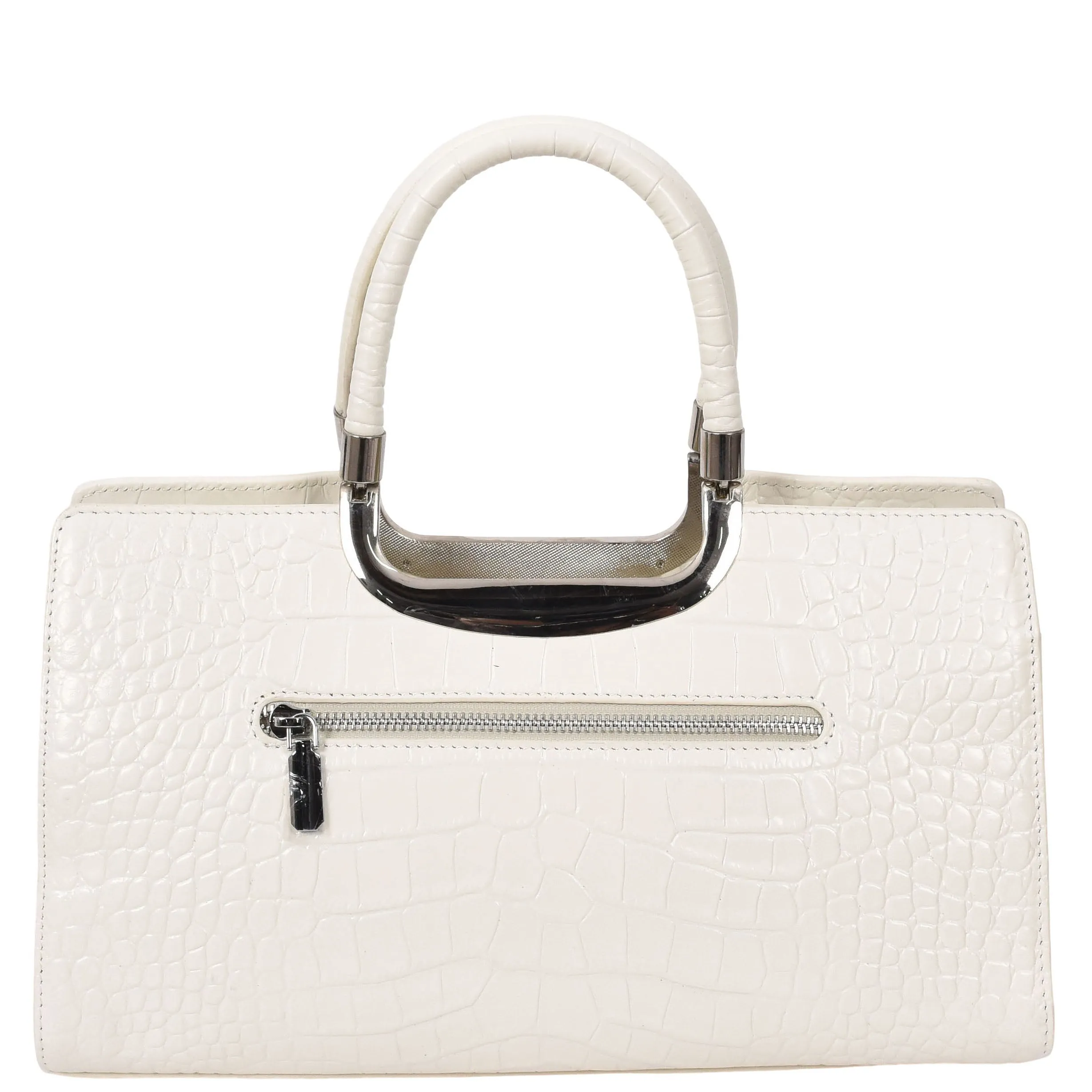 Womens Leather Croc Print Handbag Madeline White