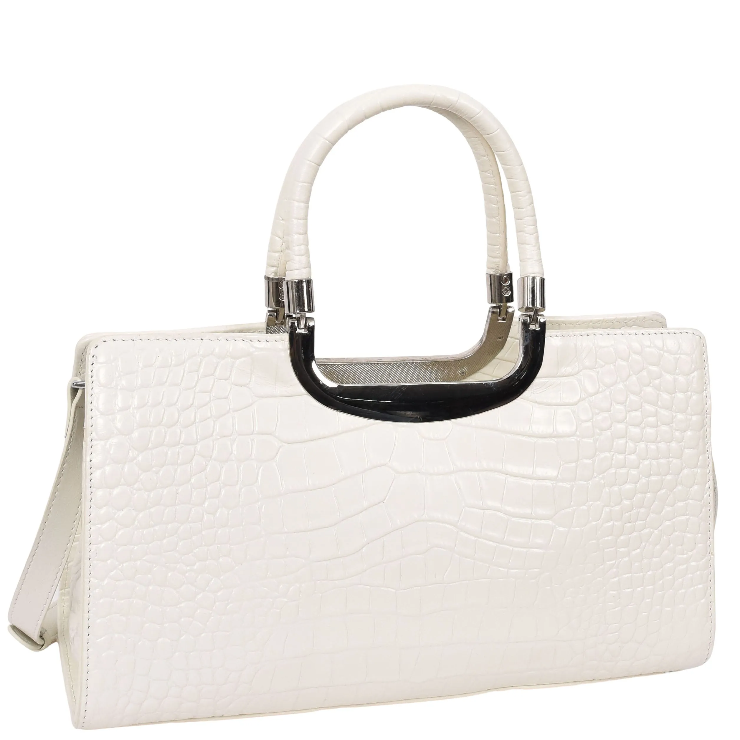 Womens Leather Croc Print Handbag Madeline White