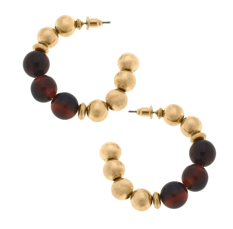 Wynter Resin & Worn Gold Ball Bead Hoop Earrings in Tortoise